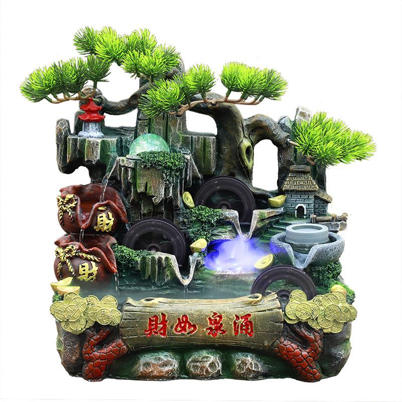 新中式乔迁新居开业贺礼工艺品循环水三个水车加水流水喷泉摆件