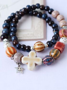 新款 厂家货源陶瓷手链新中式复古民族风弹力手饰女古风手串双圈