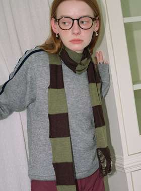 设计师款羊毛混纺镂空破损春秋造型感韩版装饰蓝色条纹针织小围巾