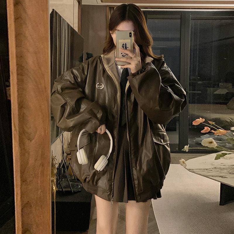 美拉德风pu皮衣两面穿羊羔毛外套女冬季2025新款加绒加厚机车棉服