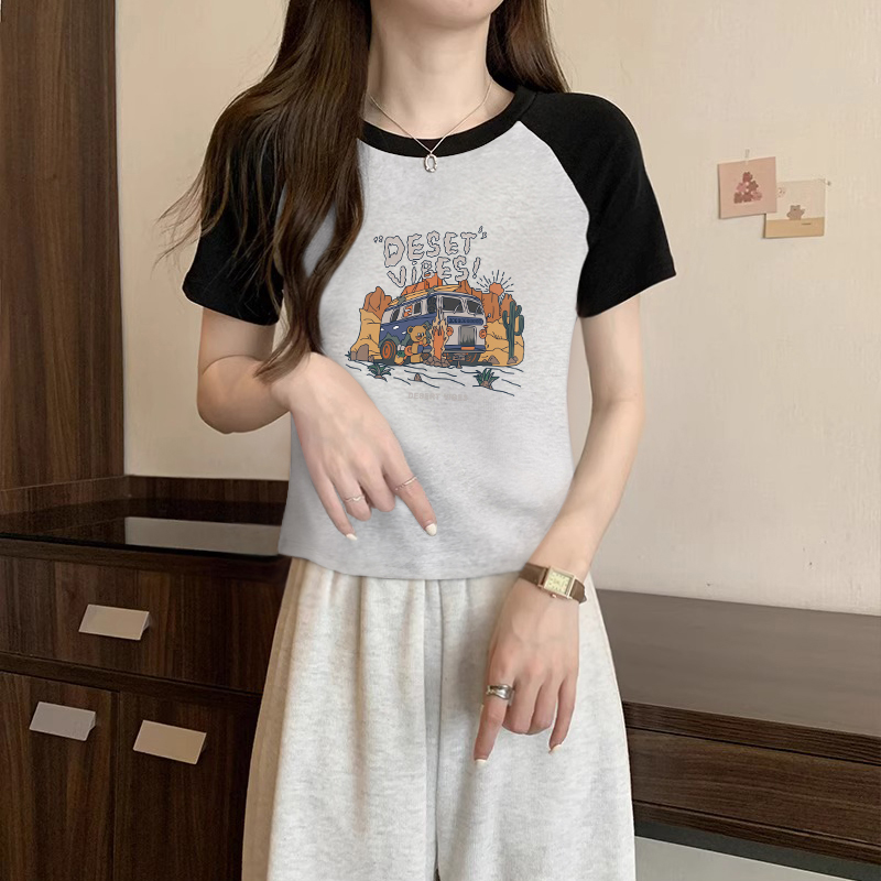 纯棉拼接插肩袖撞色短袖t恤女