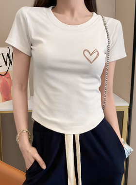 白色短袖t恤女夏季新款小个子弧形下摆圆领正肩体恤上衣isn潮