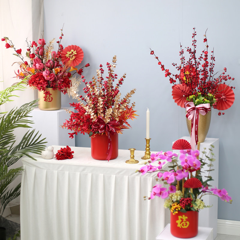 仿真冬青红色浆果发财果幸运果客厅装饰前台新年过年摆件金福桶花