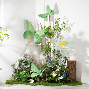 仿真植物花艺花园角落打卡绿植布景绿色纸蝴蝶道具餐厅美容院造景