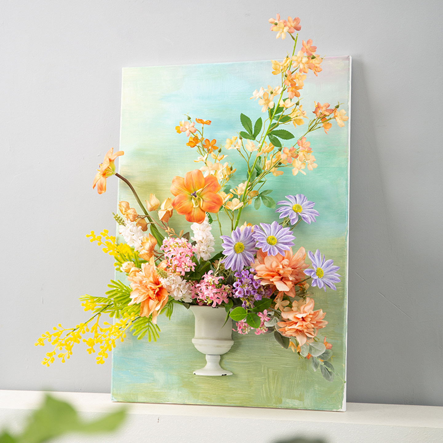法式油画仿真花半壁花瓶成品插花手绘画板展厅餐厅壁挂墙饰花艺