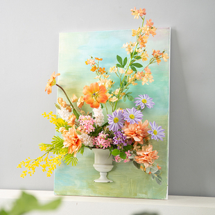 法式油画仿真花半壁花瓶成品插花手绘画板展厅餐厅壁挂墙饰花艺