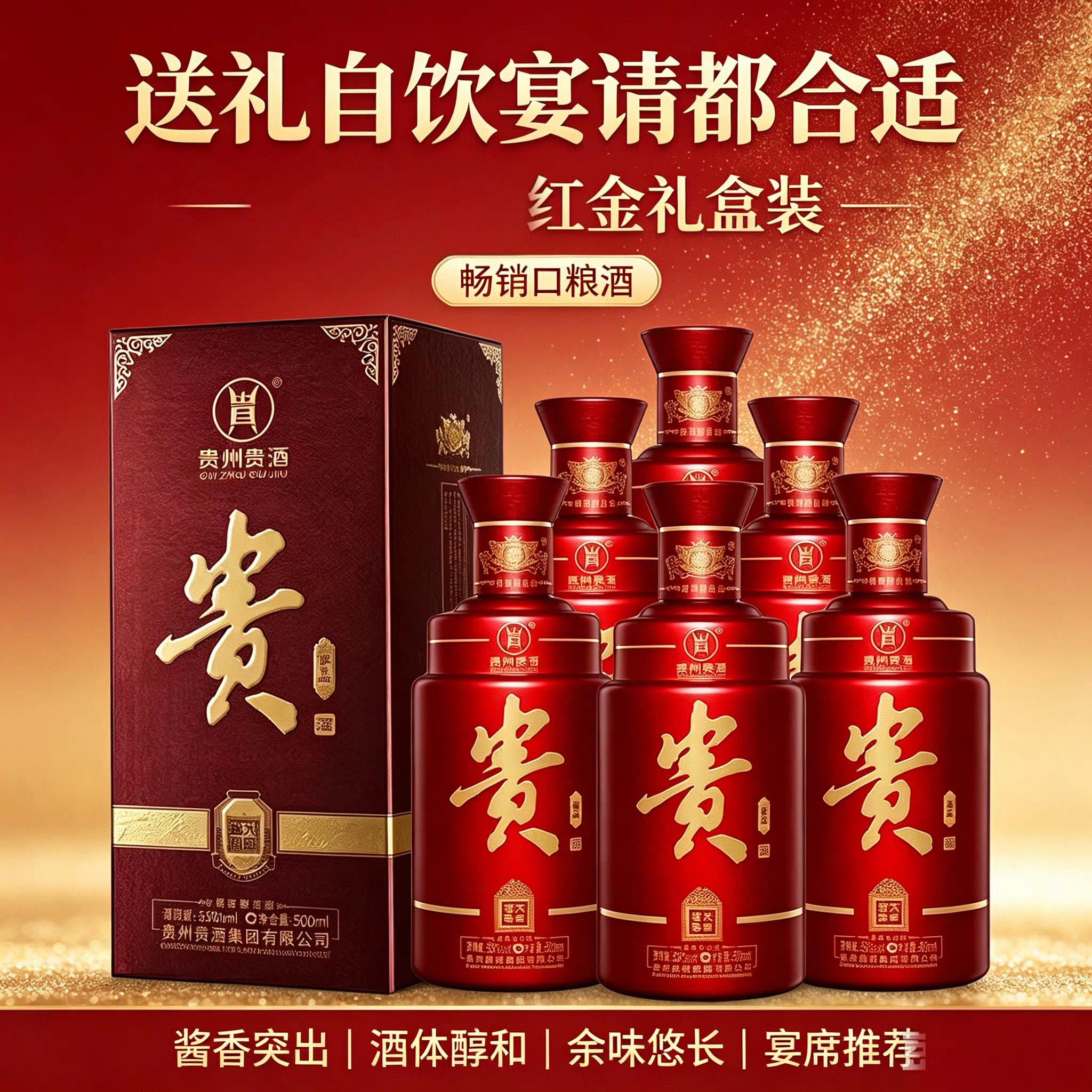 贵州贵酒傢品整箱6瓶*500ml酱香型酒婚庆宴席酒送礼红色喜庆酒