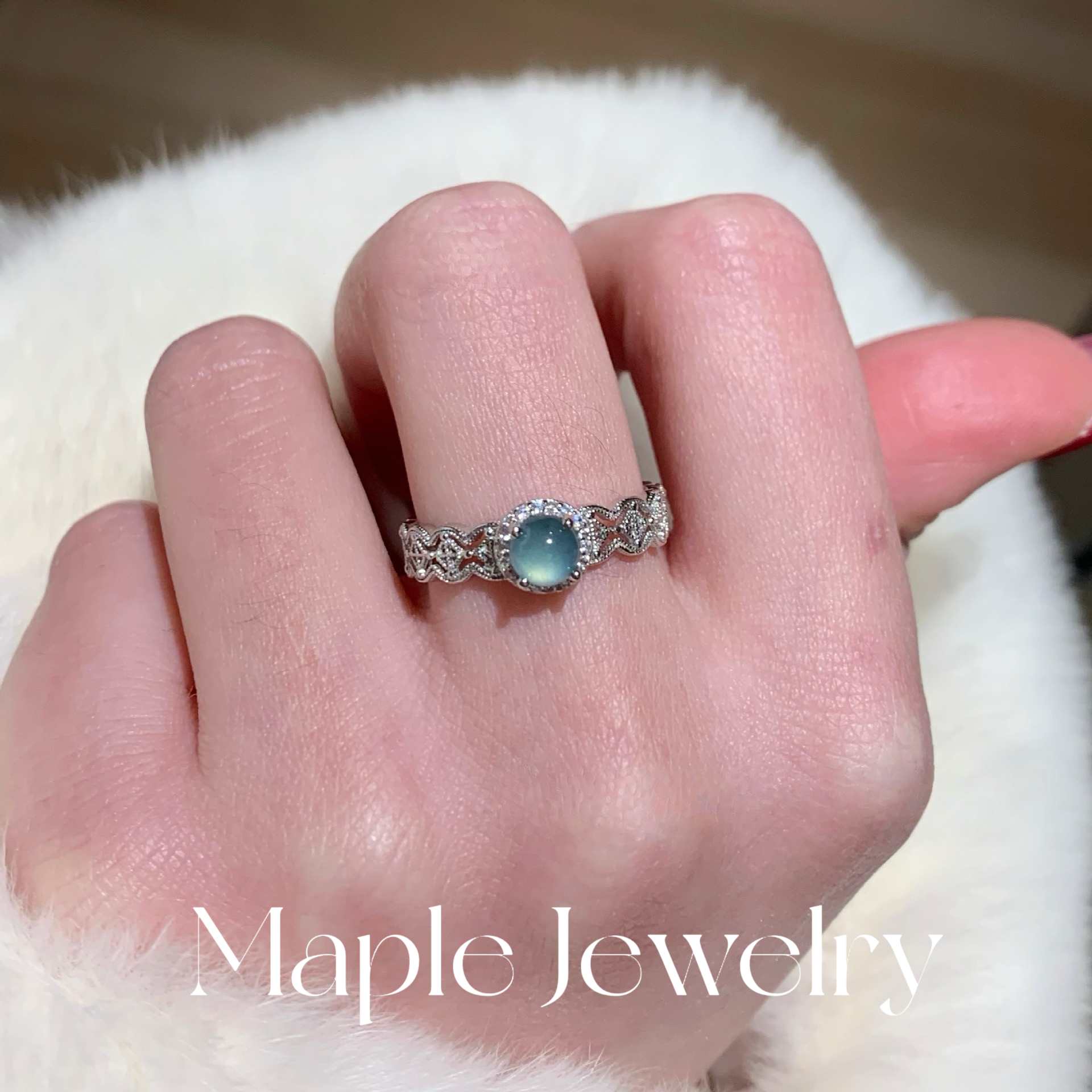 Maple【梦瑶】冰蓝天然翡翠蕾丝戒指女925纯银轻奢高级感气质女戒