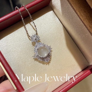 Maple 天然水沫玉戒指女款925纯银蕾丝高冰蛋面玻璃种鸽子蛋女戒