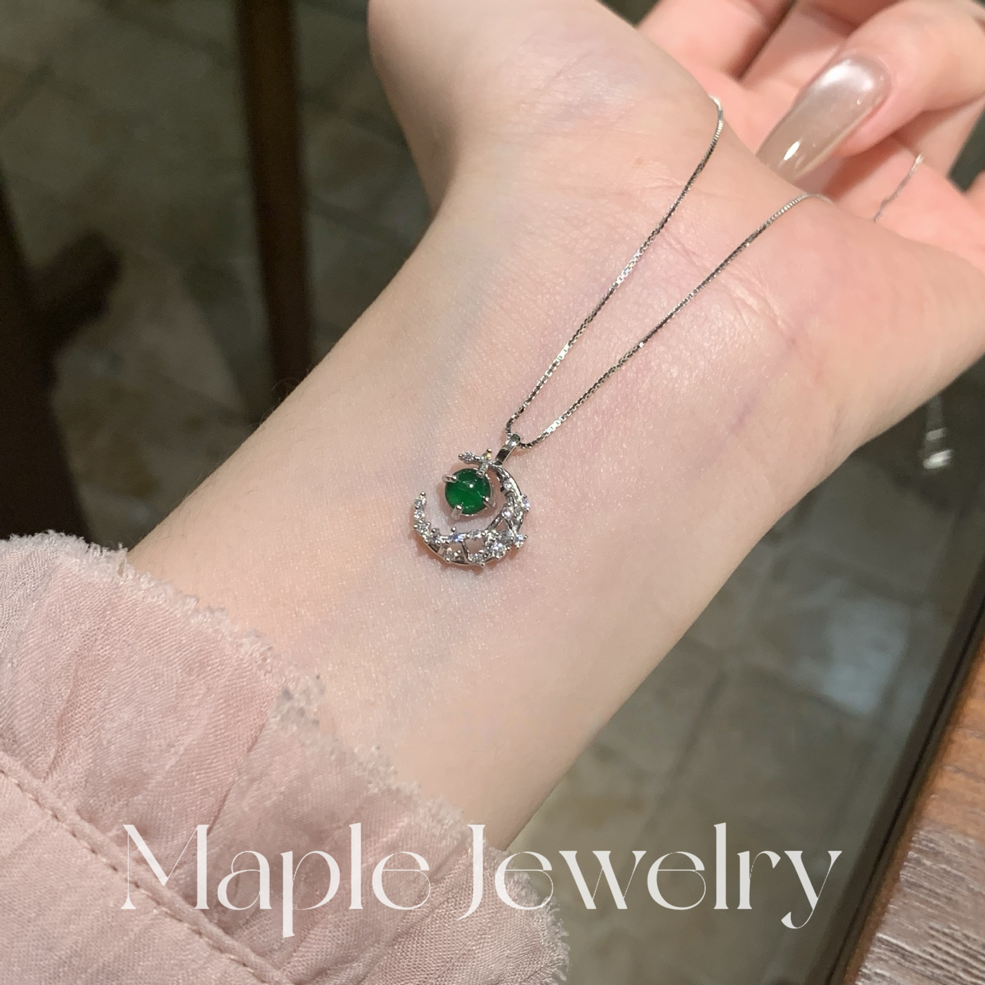 Maple【星野】天然危料蓝水翡翠星月吊坠女925纯银小众款精致项链