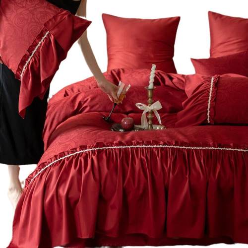 法式荷叶边复古婚庆四件套结婚高级全棉100S红色玫瑰提花被套床单