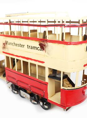 仿真轨道双层巴士车模型铁艺复古怀旧酒吧咖啡厅橱窗柜装饰品摆件