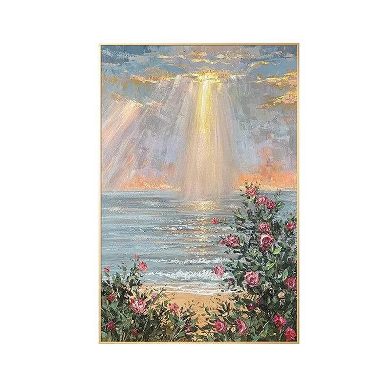纯手绘油画日出玫瑰海岸风景玄关装饰画现代简约客厅立体肌理挂画