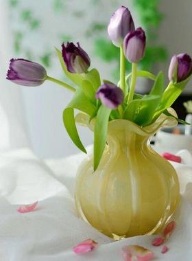 复古奶油黄花瓣台面手工玻璃桌面插花精美花器花瓶居家摆件