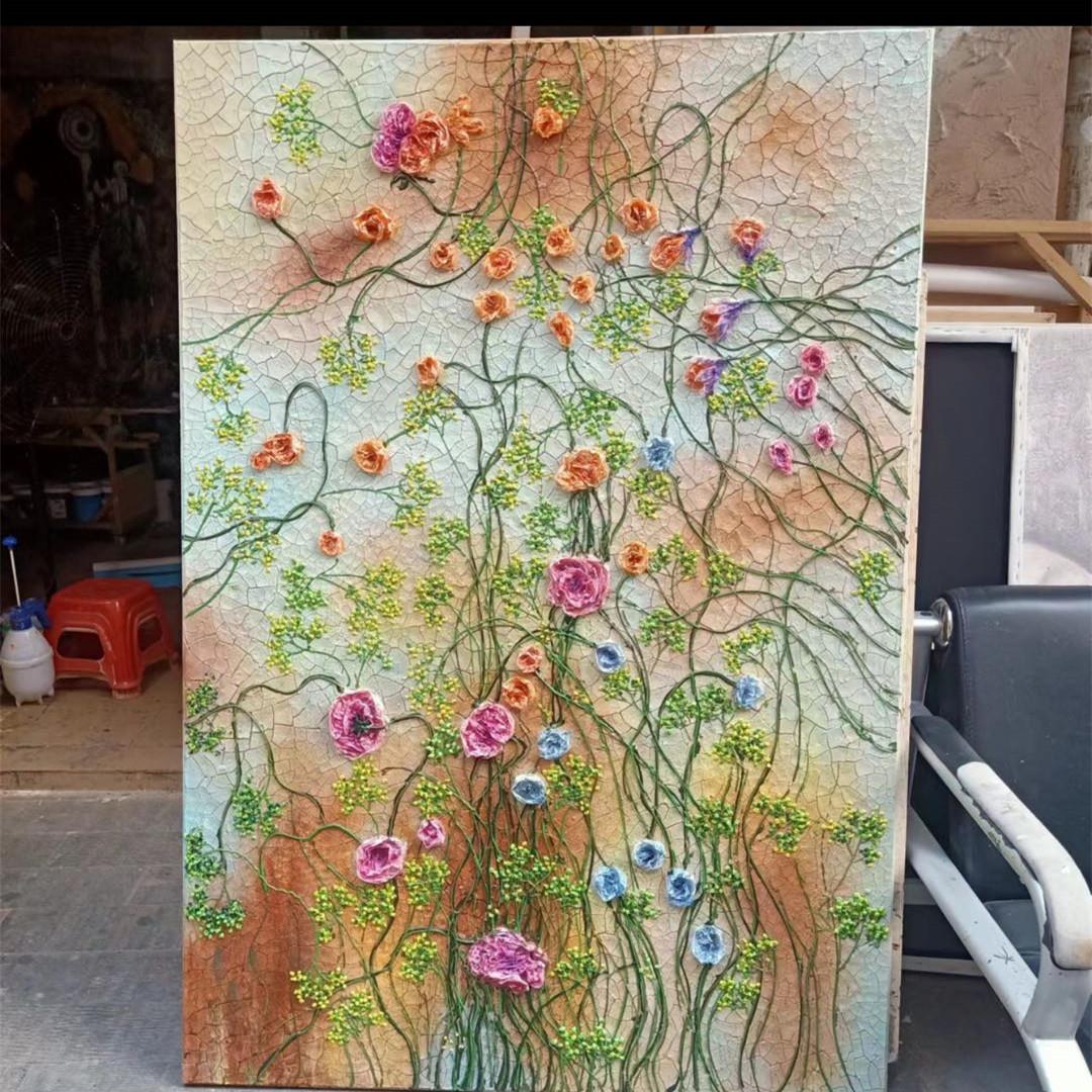 春天里现代简约手绘油画入户玄关画落地画轻奢花卉大尺寸客厅大画