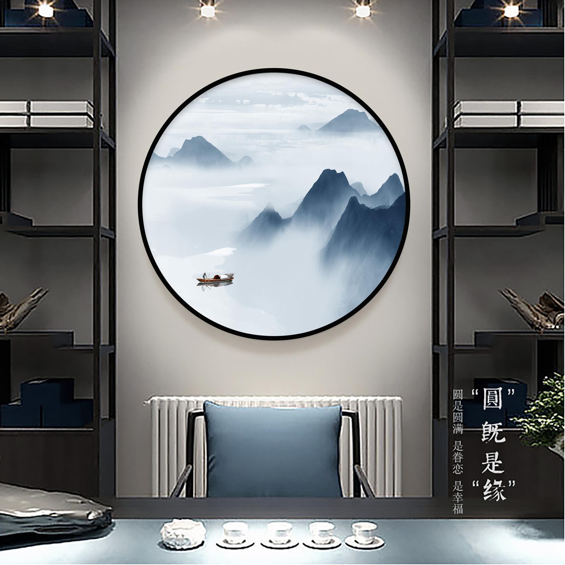 新中式玄关装饰画餐厅圆形挂画书房茶室背景墙禅意山水画客厅壁画