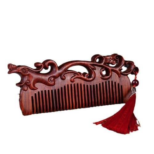 犀角小叶紫檀雕花木质梳子复古风龙凤对梳文创礼品直播送女友