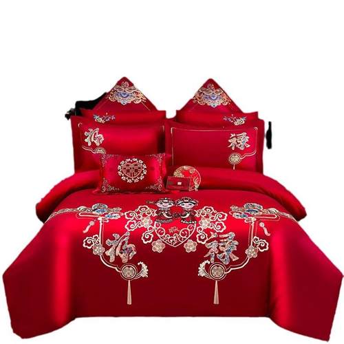 简约时尚婚庆四件套大红色亲肤棉刺绣被套床单笠高档结婚床上用品