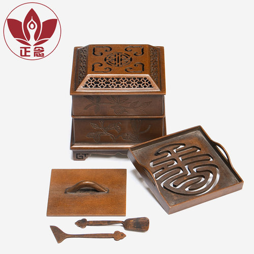 庆松堂苏工铜炉名家胡庆松制紫铜小方刻花印香炉打香篆复古熏香炉