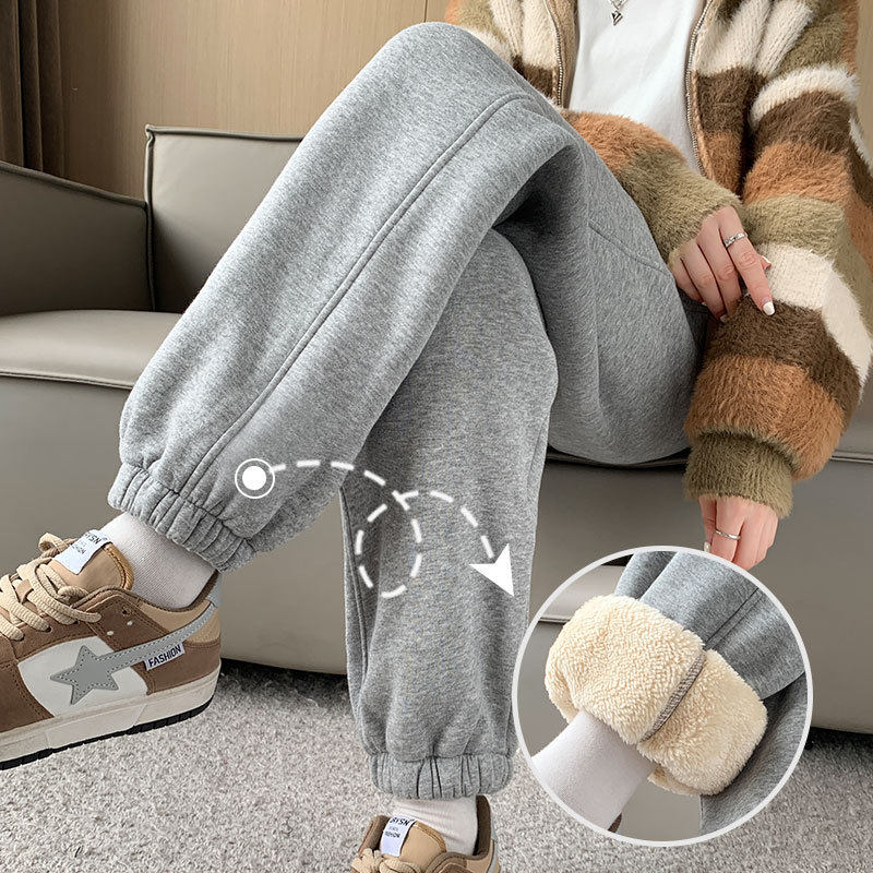 灰色羊羔绒运动裤女秋冬季2026新款束脚保暖棉裤休闲加绒加厚卫裤