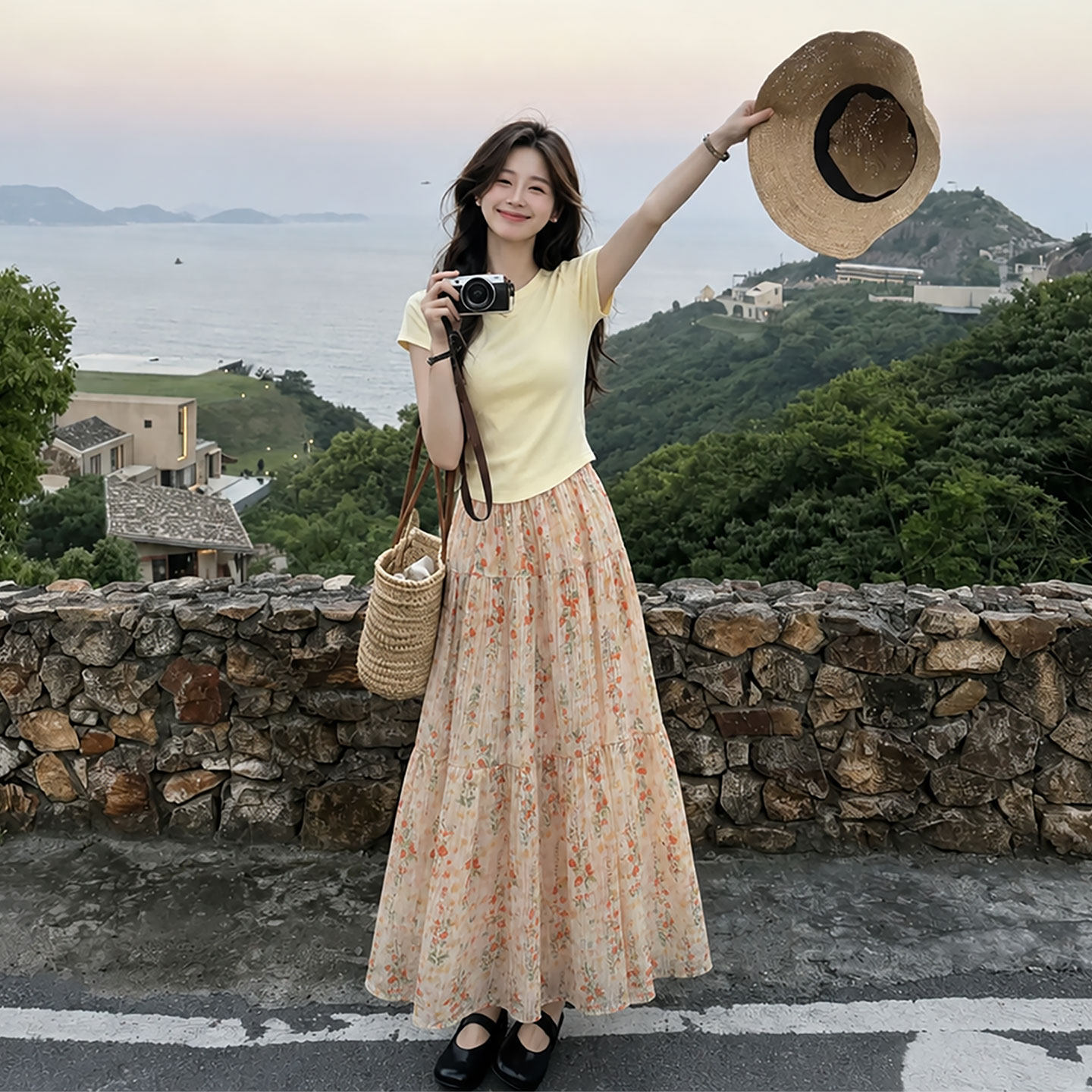碎花半身裙女2026夏季新款伞裙小个子高腰a字半裙雪纺百褶长裙子