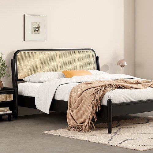 藤编实木床现代简约主卧1.8m双人床黑色北欧日式复古侘寂风民宿