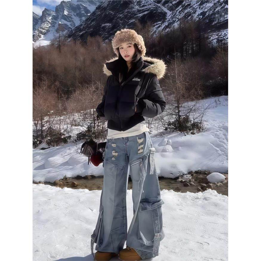 2025冬季新款超好看美式覆古短款小个子棉服女高级感毛领棉袄外套