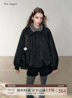NEW EMPIRE25冬季新款设计感小众上衣毛领加厚黑色花苞棉服外套女