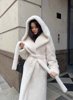 水貂毛仿皮草毛毛外套加长款人造毛皮大衣连帽系腰带毛绒衣服