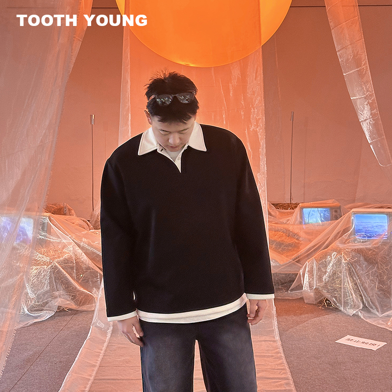 郑一爱穿搭 【新年伴侣】春上新假两件衬衫领拼色宽松男生长袖卫