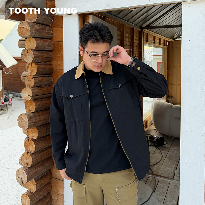 郑一爱穿搭【硬核玩家】美式硬汉拼接翻领秋季男休闲大码夹克