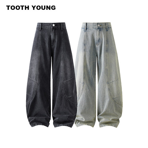 郑一爱穿搭【牛魔王】水洗做旧美式街头男宽松大码潮流弯刀牛仔裤