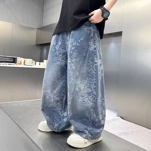 男童春秋牛仔裤中大童提花舒适弯刀裤儿童休闲阔腿裤女童宽松裤子