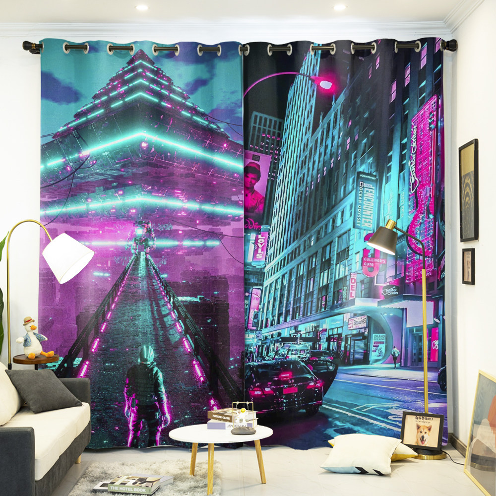 高级科幻风赛博朋克现代房间全遮光布卧室成品飘窗短帘定制免打孔