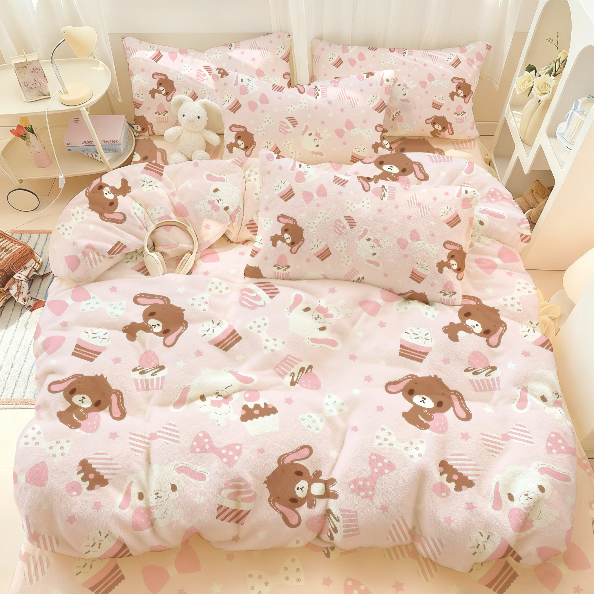 甜点兔卡通牛奶绒冬季四件套加绒加厚保暖学生双面被套床上用品