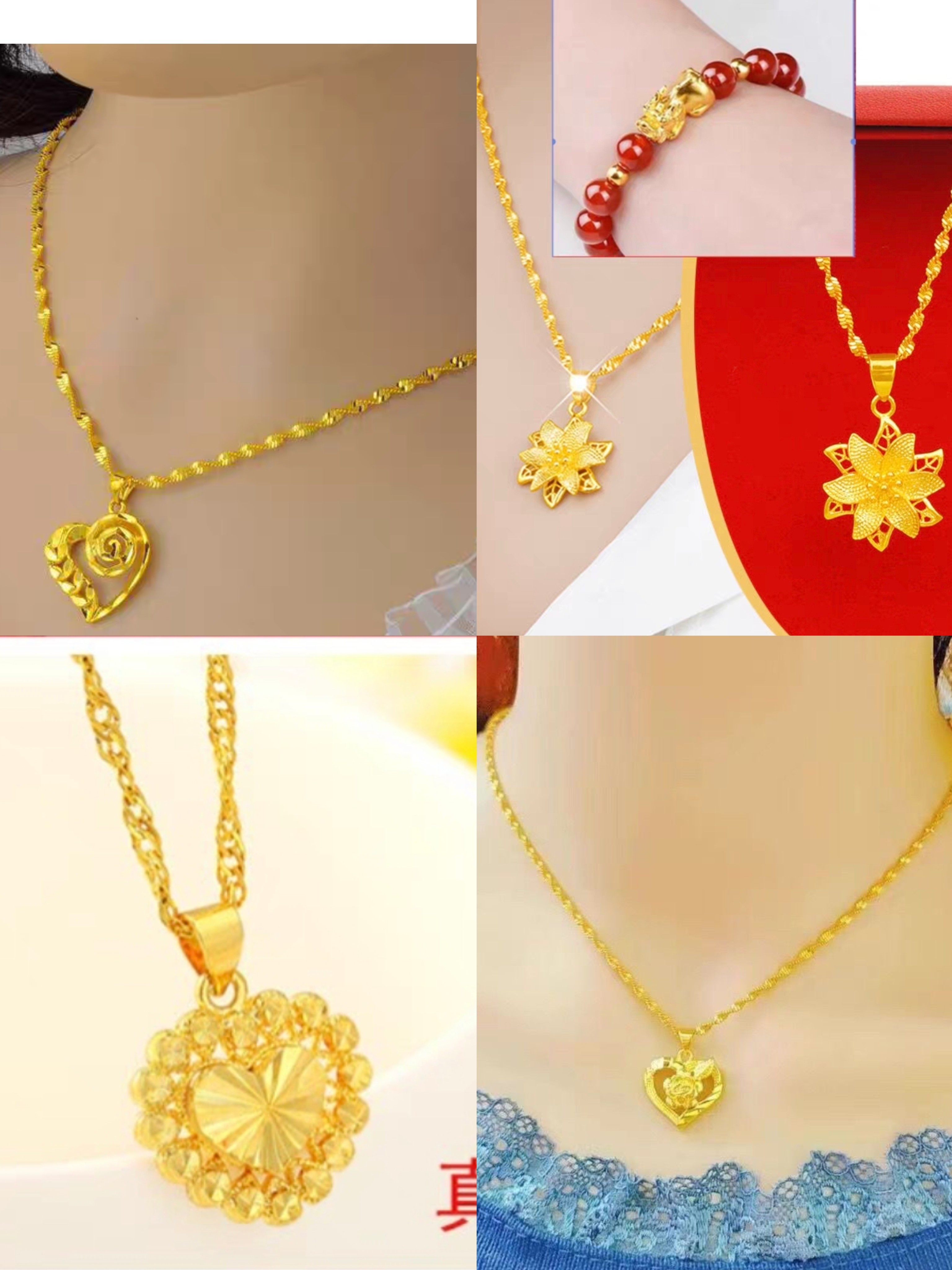 沙金锁骨链配爱心吊坠不掉色时尚