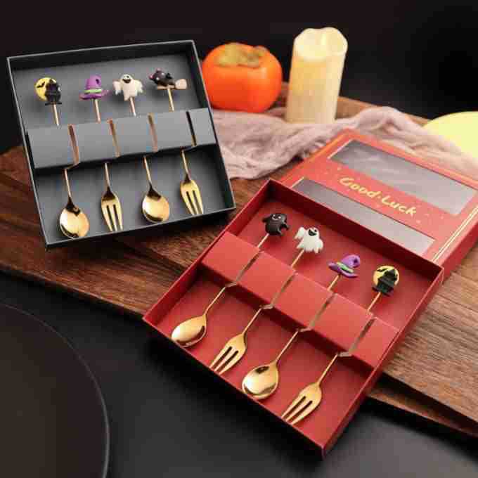 跨境万圣节不锈钢勺子套装 创意卡通甜品勺叉万圣节元素礼盒套装