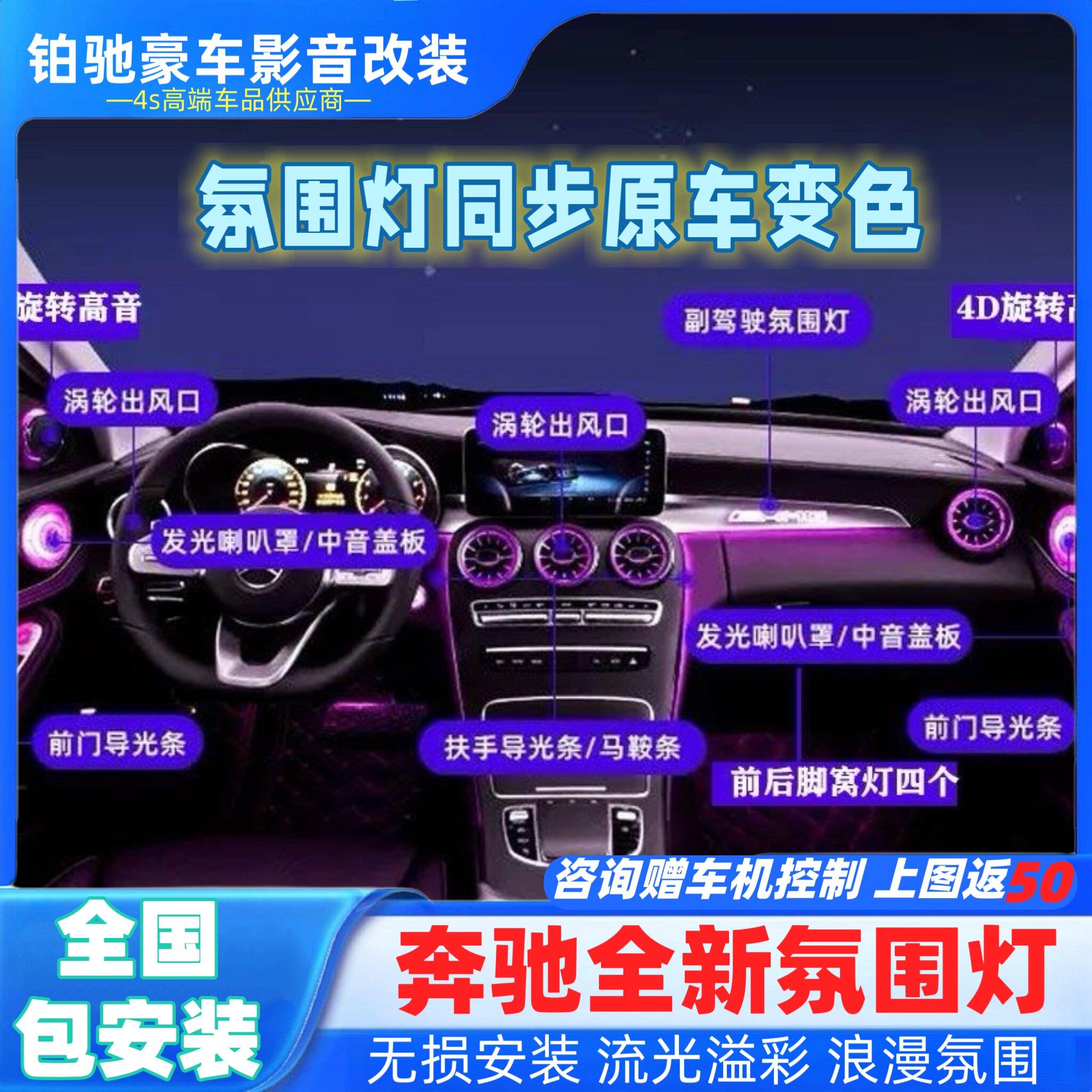 适用于奔驰A/C/E级GLC/E300L 涡轮发光出风口氛围灯改装7件套原厂