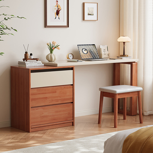 中古风实木梳妆台书桌一体多功能收纳储物柜转角书桌卧室化妆桌