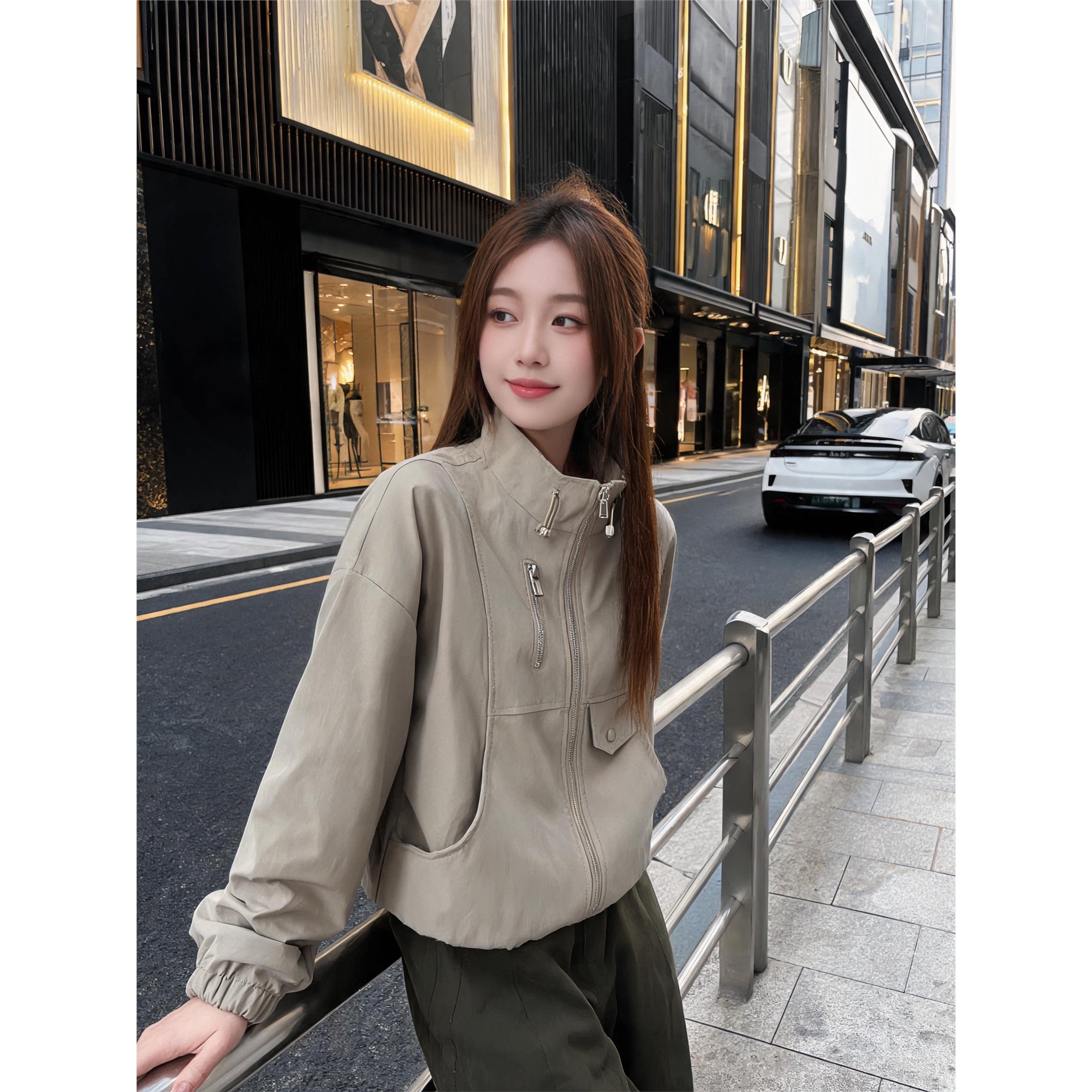 立领工装短款风衣外套女