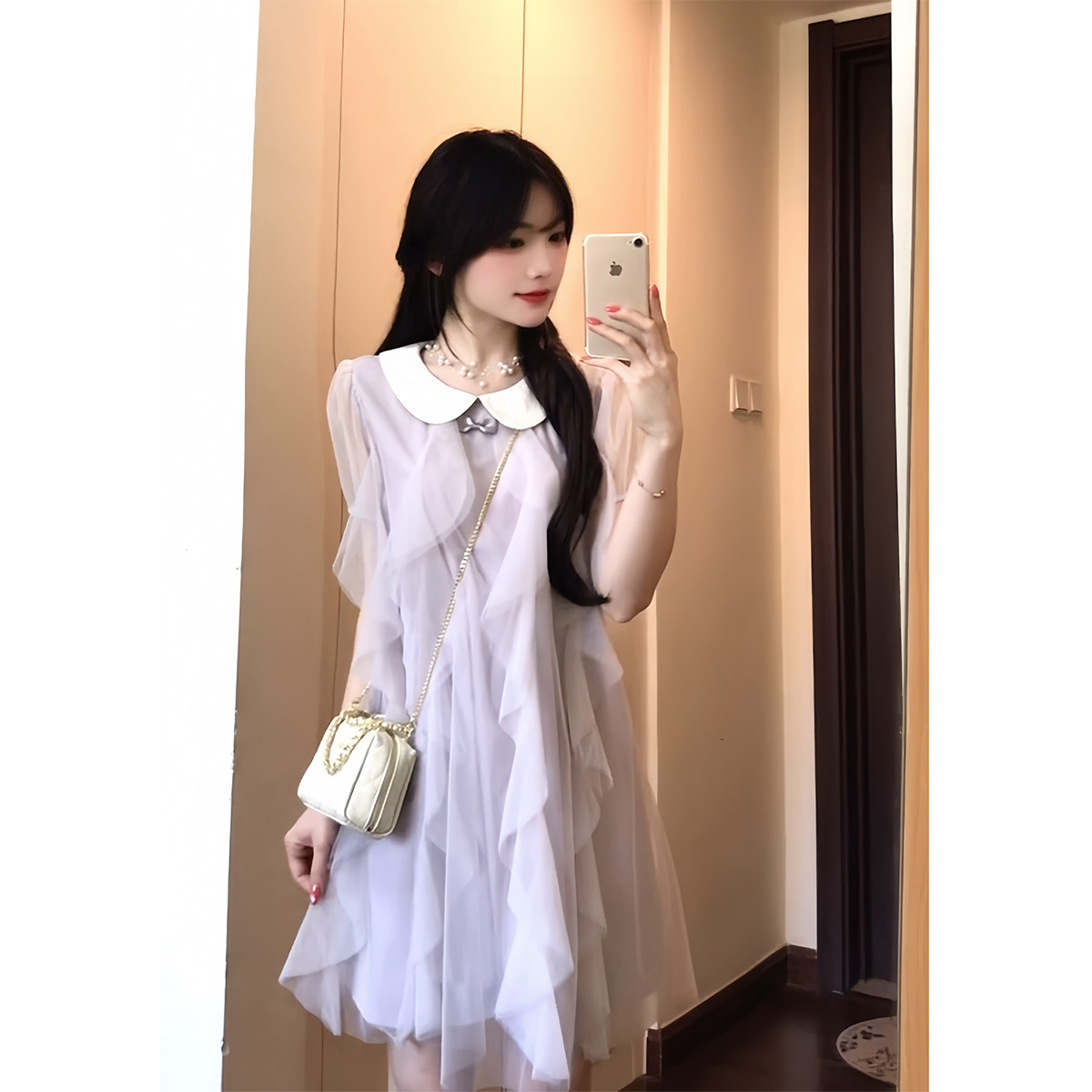法式甜美娃娃领紫色洋装