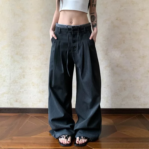 美式复古高级感双腰头条纹休闲西裤男女垂感宽松显瘦抽绳拖地裤子