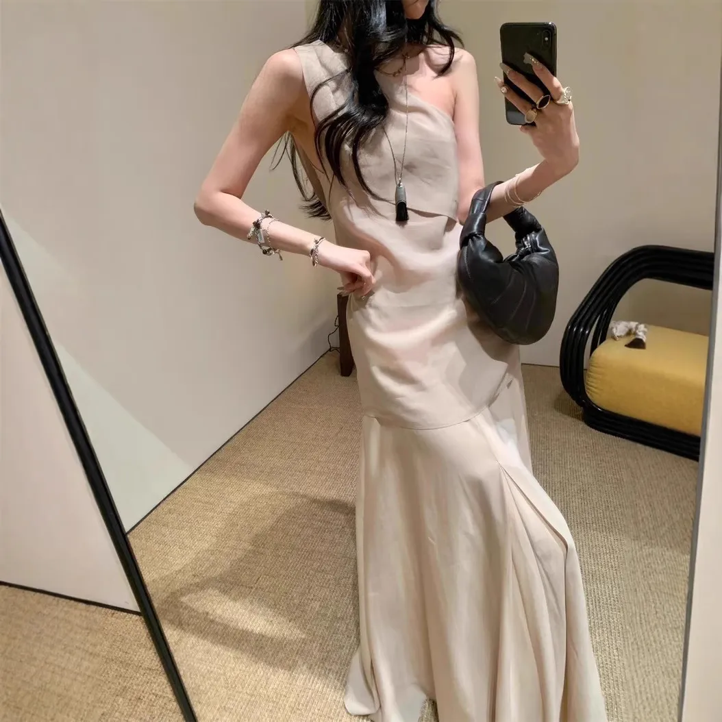 对版 RH温柔飘逸套装天丝单肩上衣垂褶皱双层半身裙时髦两件套女