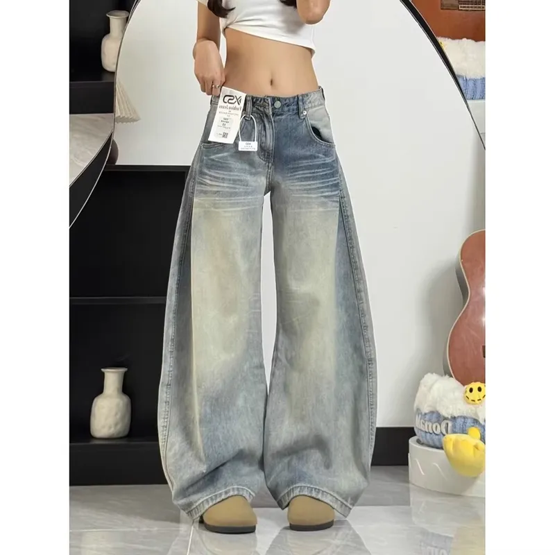 美式复古弯刀牛仔裤男女秋冬2026新款低腰宽松直筒阔腿拖地镰刀裤图片