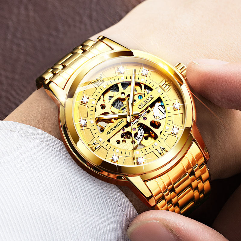 正品瑞士欧利时男士手表男机械表全自动18K金色镂空防水品牌十大