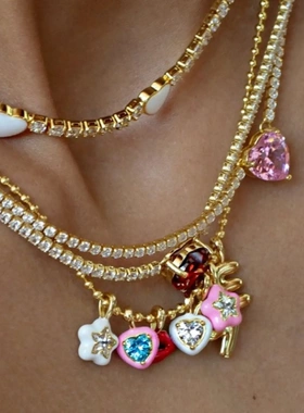 欧美时尚简约爱心花朵吊坠彩色嘴唇项链女锁骨链镀金保色