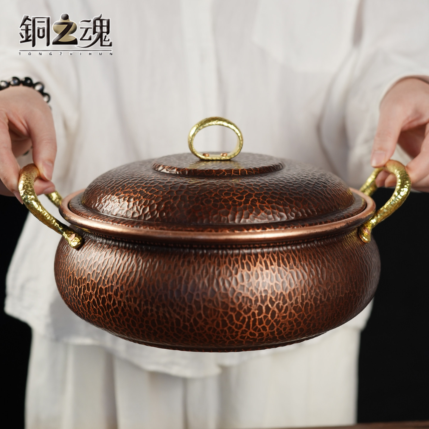 纯铜锅铜火锅红铜手工加厚炖煮锅紫铜纯铜电磁炉燃气商用火锅盆