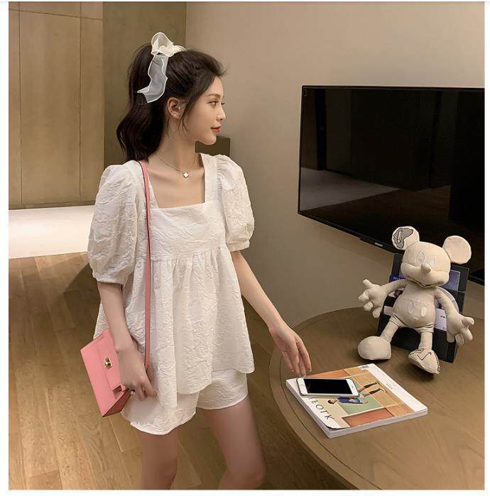 임부복 여름 퍼프 코튼 반팔 원피스 임신 중 임산부를 위한 루즈하고 패셔너블한 배 커버 투피스 세트 배 커버 임부복