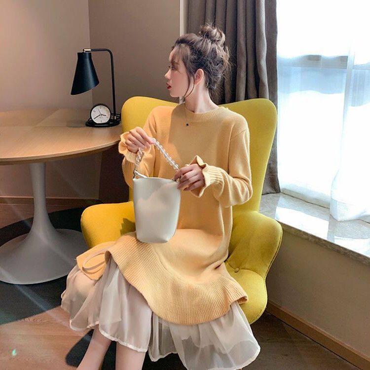 출산복 2023 가을 겨울 새 스타일 스웨터 스커트 인터넷 연예인 트렌드 엄마 중간 길이 루즈한 대형 여성 투피스 세트