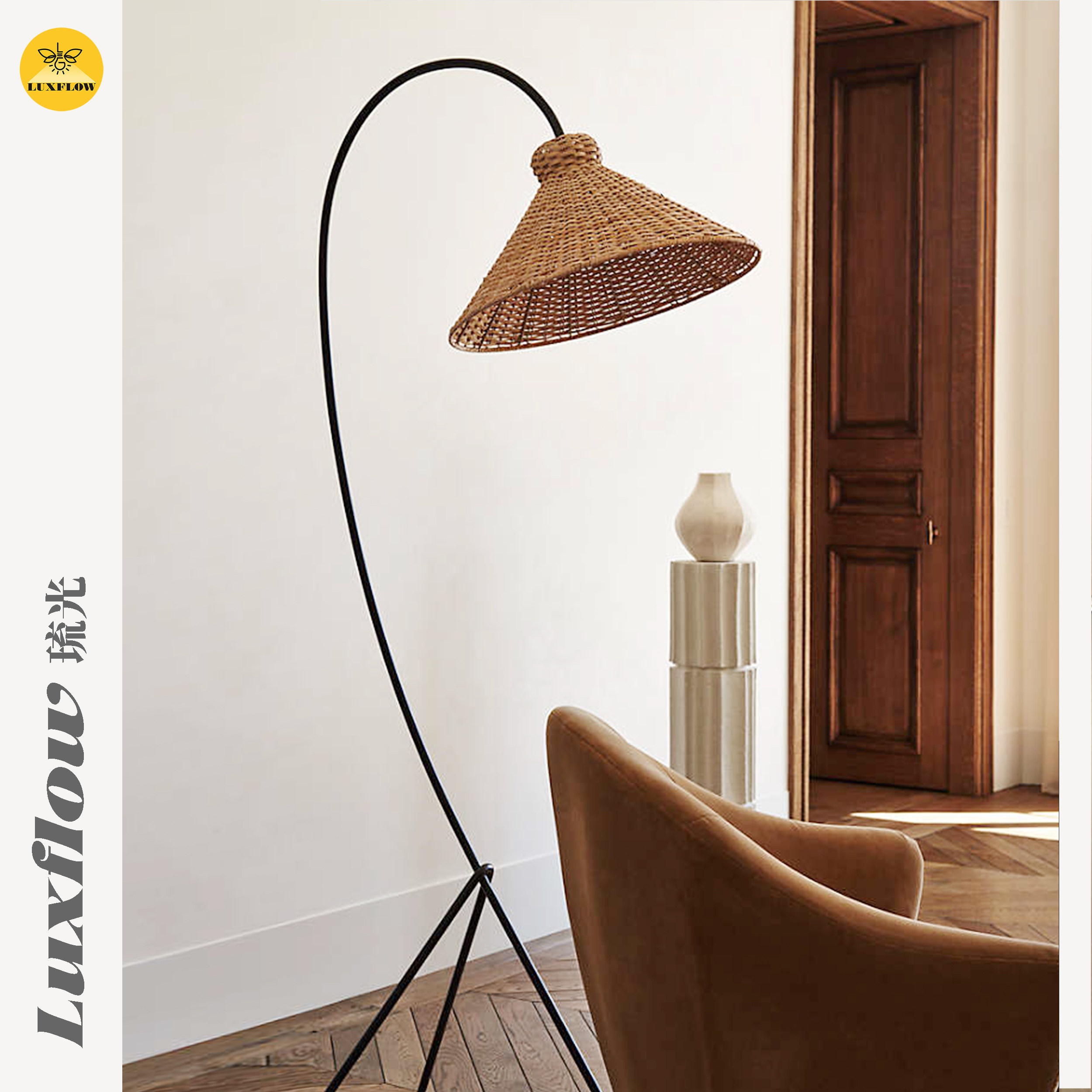 琉光中古法式藤编设计师落地灯